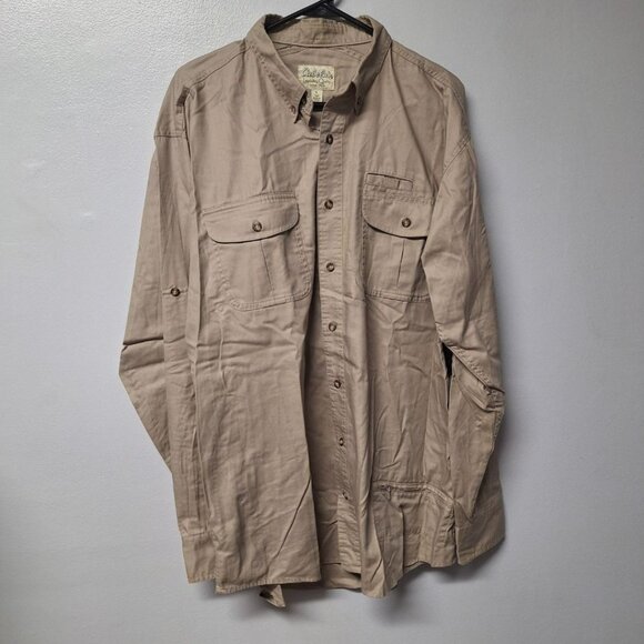 Cabelas Button Down Shirt Tan Bonus Zipper Pocket Men Large Tall Big Long Sleeve - Picture 1 of 9